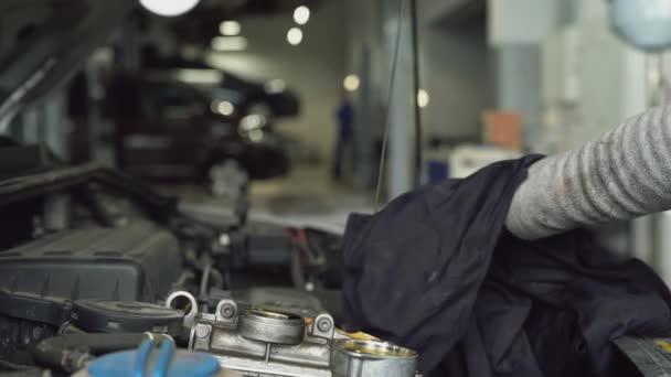Mechanic haalt een peilstok tevoorschijn om het oliepeil te controleren. — Stockvideo
