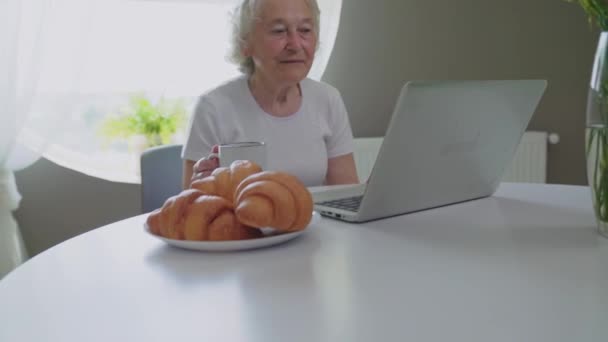 Oude vrouw met laptop. — Stockvideo