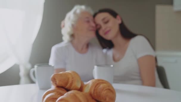 Frau streichelt und umarmt Großmutter. — Stockvideo