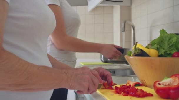 Ung kvinne som hjelper bestemor med å lage mat . – stockvideo
