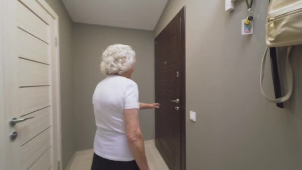 Alte Frau öffnet Tür zu Enkelin. — Stockvideo