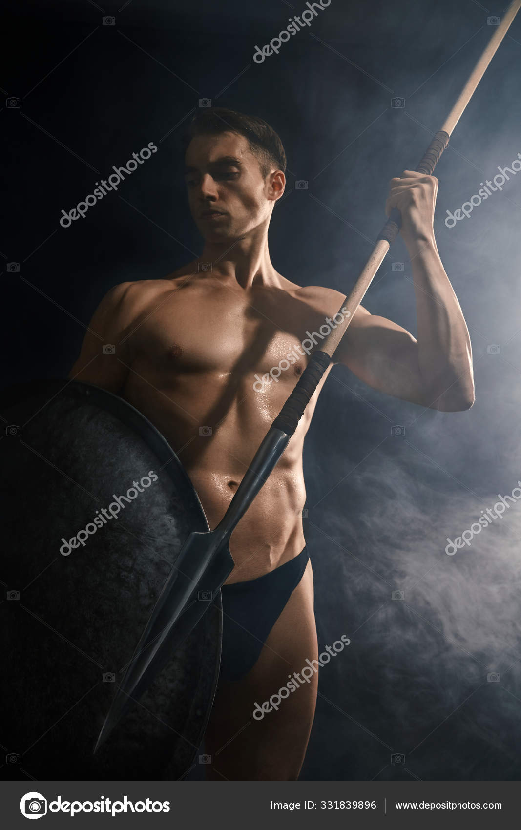 Young Warrior Holding Spear. Stock Image - Image of bodybuilder,  monochrome: 174458737