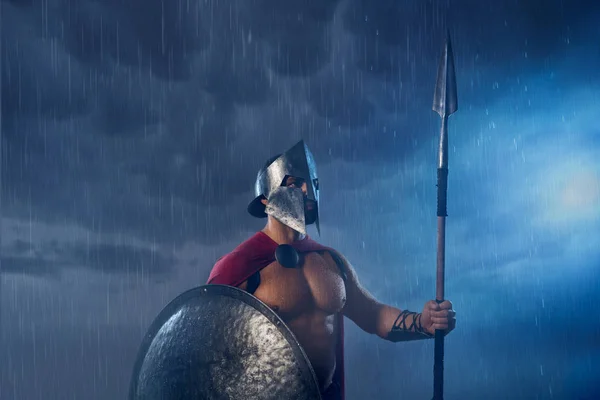 Spartan warrior with spear and shield. — Stock Photo, Image