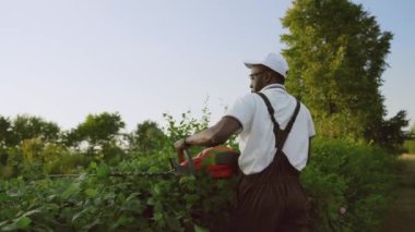 Çitin tepesini kesen Afroamerikalı bahçıvan.