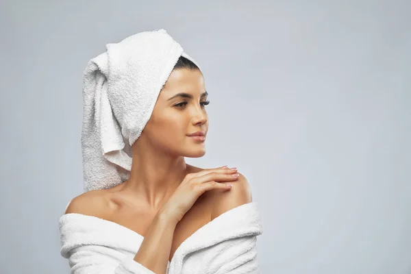Woman posing in bathrobe after shower. — Stock Photo, Image