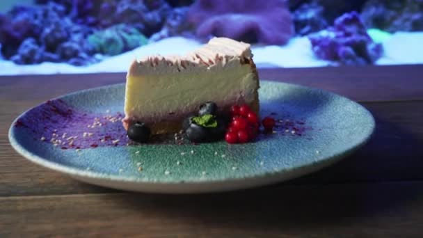 Cheesecake with berries on near aquarium. — Stock Video