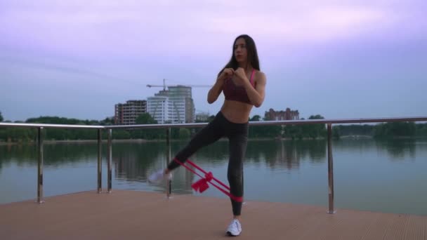 Fitness woman doing squats on lake pier. — Stock Video