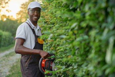 Front view of african gardener cutting overgrown branches