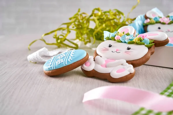 Close up of easter cookies in shape of bunny and egg — Stockfoto