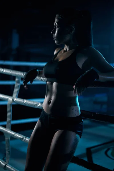 Female fighter in underwear posing near ring. — Stock Photo, Image