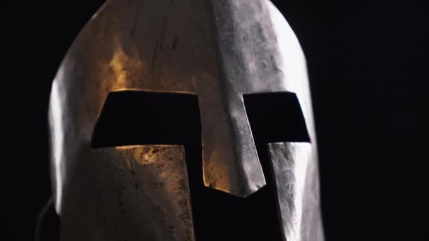 Medieval iron spartan helmet. — Stock Video