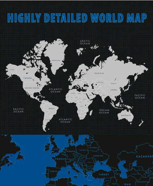 Svět Mapa temné vektor, zvýšila z evropských zemí — Stockový vektor