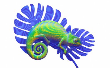 Yeşil bukalemun mavi dalı, 3d render. Yan görüntüle