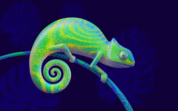 Bright green chameleon on branch, 3d rendering. View side — Stock Photo, Image