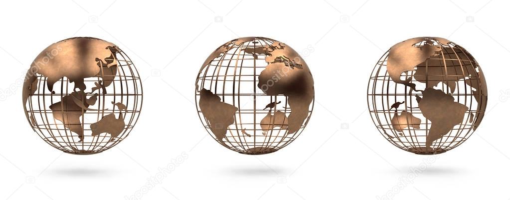 Metal globe view south america and north america, Europe, Asia, Africa. 3d rendering