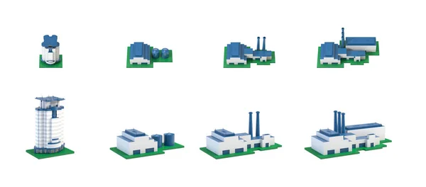 Промислові 3d будівлі ізометричні значки, встановлені з рослинами та фабриками ізольовані ілюстрації — стокове фото