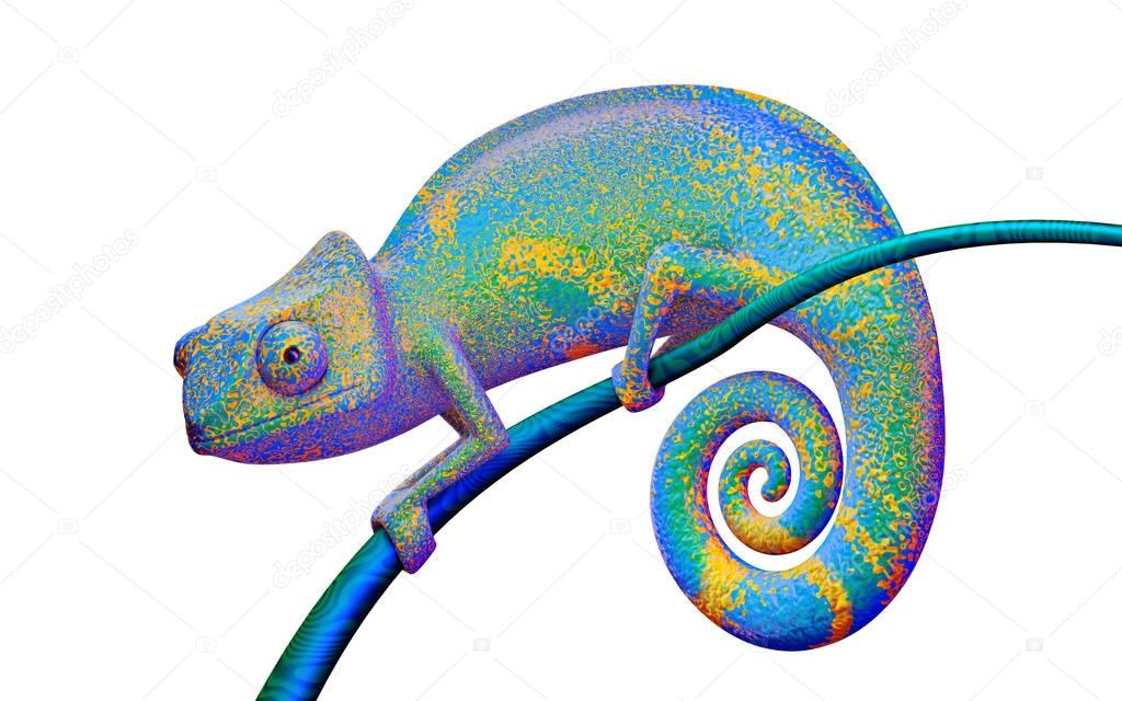 Bright chameleon on a branch, 3d rendering.