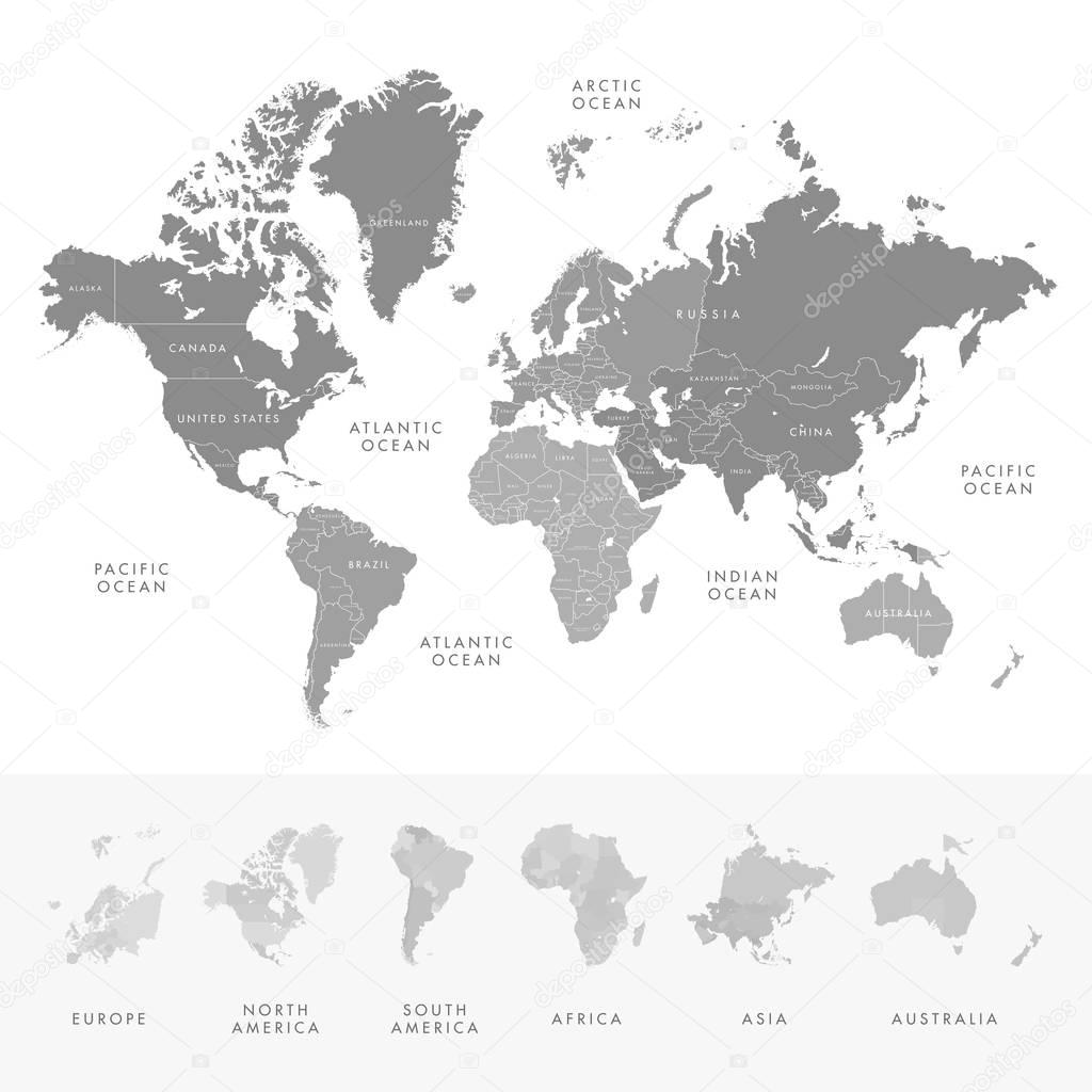 Highly detailed world map continents with labelling of country. 