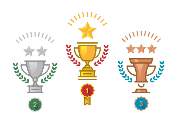 Gold, Silver and Bronze Trophy Cup, trophy Icon with stars and l