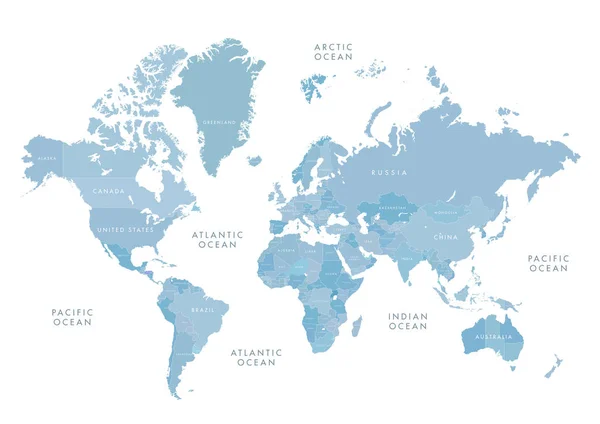 Rendkívül részletes világtérkép címkézéssel. Kék-szürke vektor illóanyag — Stock Vector