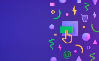 Alışveriş mağazası ve ikonların 3 boyutlu çizimi. Koyu mavi arka planda online alışveriş kavramı. Web, site, afiş, iş sunumu için tasarım