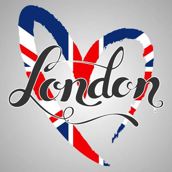 Londyn napis. Odręczny Londyn. Flaga Wielkiej Brytanii w kształcie serca. — Zdjęcie stockowe