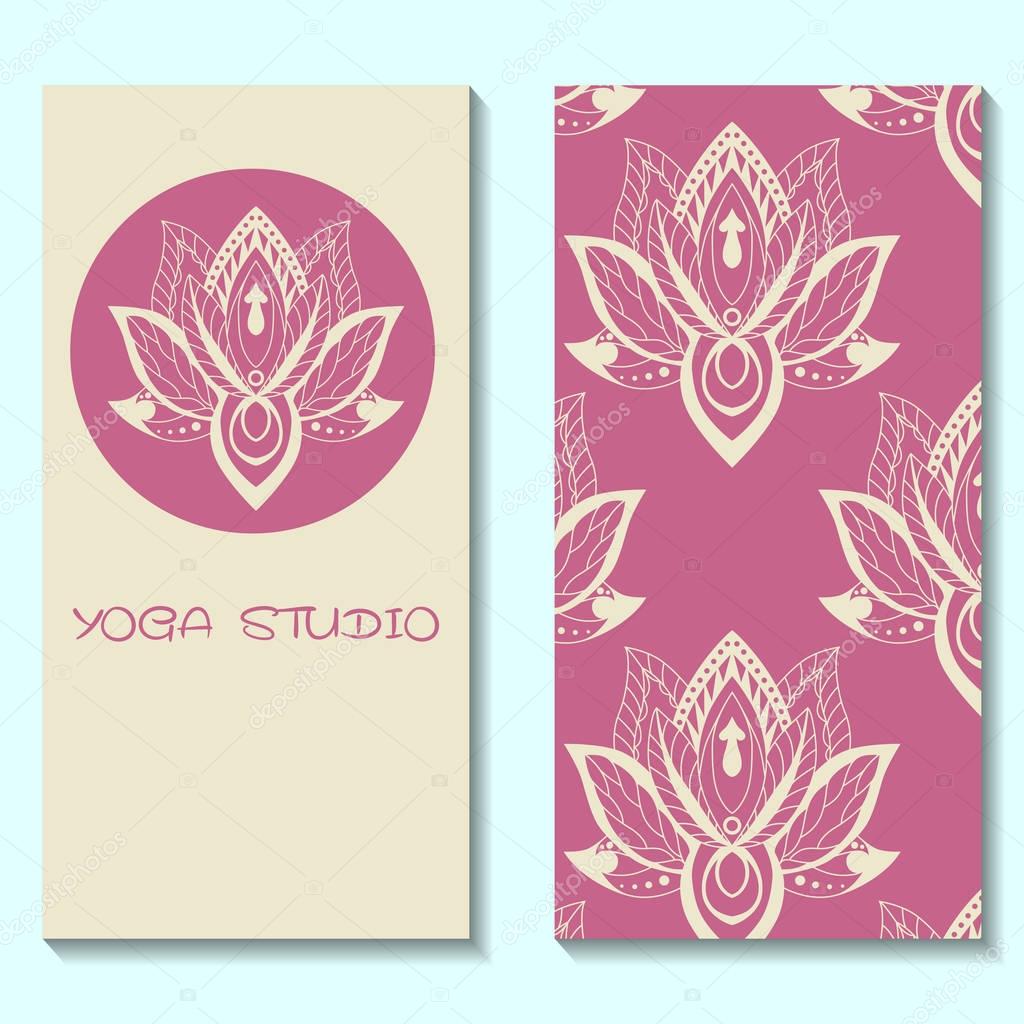 Cards template for yoga studio with lotuses. Yoga vertical vector banner. Business card template for yoga retreat, can be used for Hinduism religious organization. vector illustration