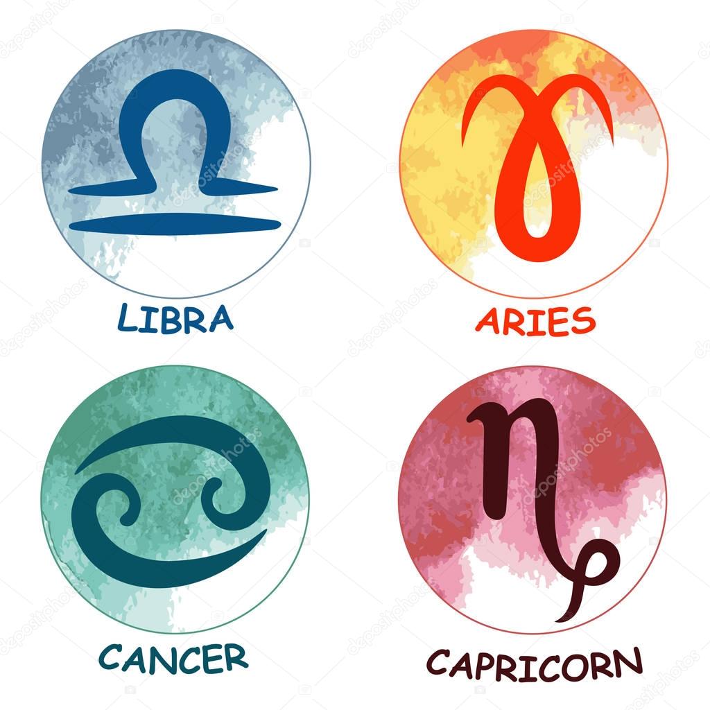Zodiac signs. Zodiac icons. Set of round zodiac icons. Aries, Li