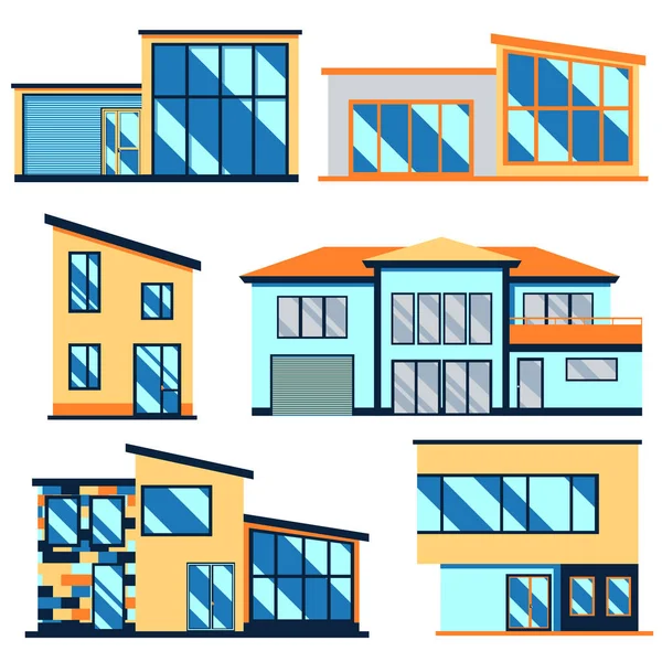 Set modern perumahan rumah. Ilustrasi datar vektor dengan - Stok Vektor