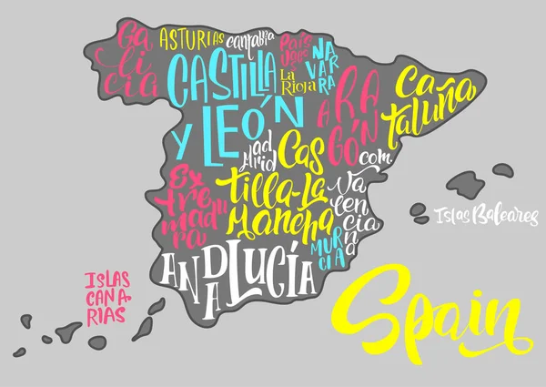 İspanya Haritası elle yazılmış adları bölgenin silüeti