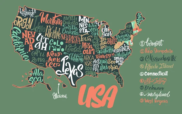 Silhouette della mappa di Stati Uniti d'America con nomi di stati scritti a mano  - — Vettoriale Stock