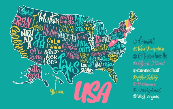 ABD harita Birleşik elle yazılmış adları ile silüeti -