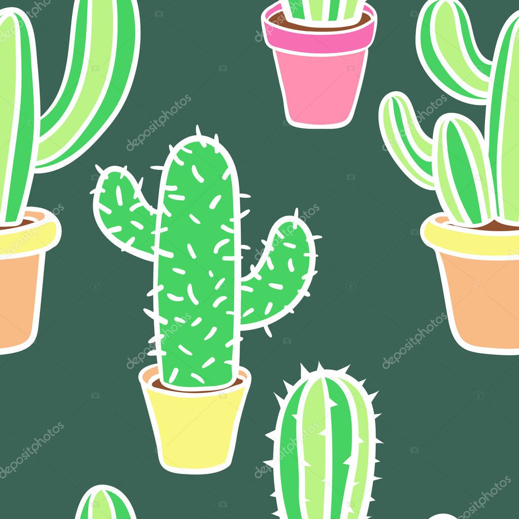 Seamless pattern with cactus. Pattern of cactus. Cacti in pots. 