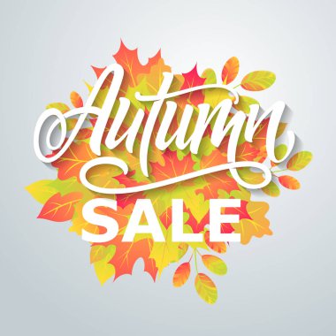 Yaprakların bir arka plan üzerinde sonbahar satışı el ilanı. El yapımı vektör izin