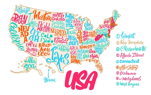 Silhueta do mapa de EUA com nomes escritos à mão de estados  - —  Vetores de Stock