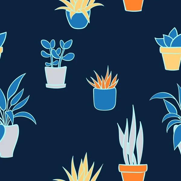 Векторный бесшовный рисунок с домашними растениями в горшках. Милый мультфильм — стоковый вектор