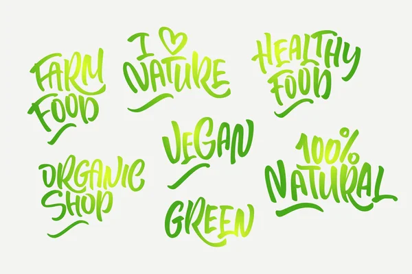 Lettering set for natural products in green colors. Handwritten — Stock Vector