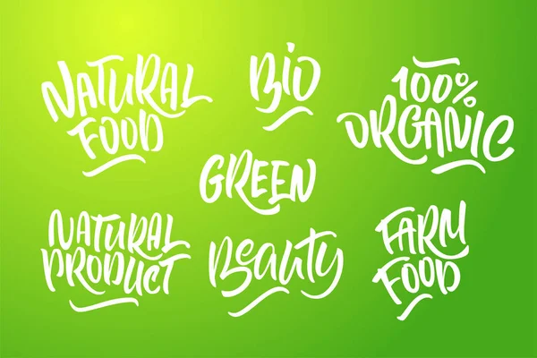Set de letras para productos naturales en colores verdes. Escrito a mano — Vector de stock