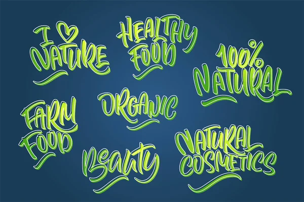 Lettering set for natural products in green colors. Handwritten — Stock Vector