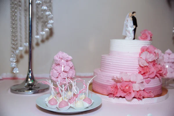 Esküvői torta. Candy bar marshmallow az asztalra egy váza, macaroon és cupcake, berendezett vanília, kézzel készített édességet — Stock Fotó