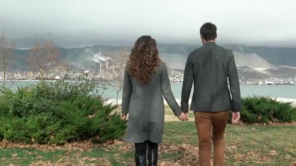 Pareja joven caminando por la playa en el mar. Abrazos y besos. Concepto familia y amor — Vídeos de Stock