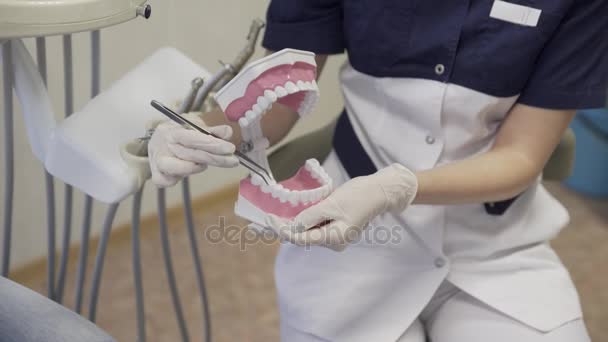 Женщина-дантист держит декоративную челюсть и зубы, показывая озабоченность. Концепция здоровой жизни. Крупный план — стоковое видео