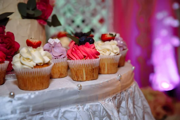 Pastel de boda dulce con barra de caramelo, magdalenas, pasteles y dulces en el área de fiesta de boda. Concepto de paisaje publicitario de comida y postres —  Fotos de Stock