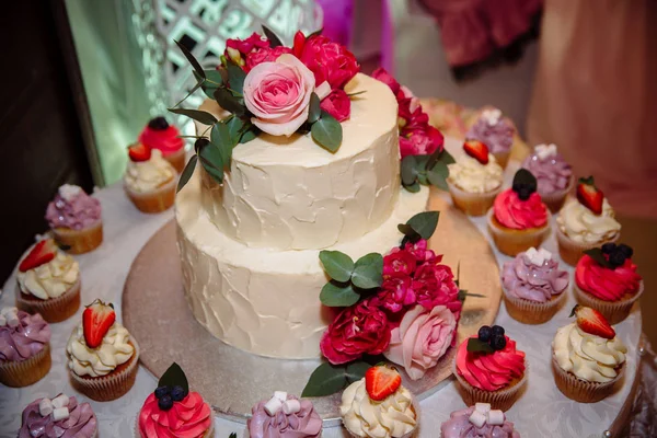 Zoete bruidstaart met snoep, muffins, cakes en zoetigheden op gebied van huwelijksfeest. Concept van reclame landschap van voedsel en desserts — Stockfoto