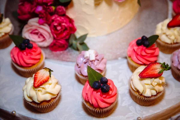 Zoete bruidstaart met snoep, muffins, cakes en zoetigheden op gebied van huwelijksfeest. Concept van reclame landschap van voedsel en desserts — Stockfoto