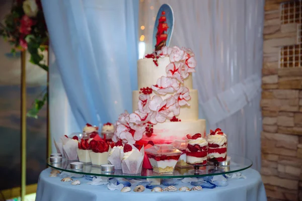 Bolo de casamento. Doces bar marshmallow sobre a mesa em um vaso, macaroon, e cupcake, baunilha decoração, doces feitos à mão — Fotografia de Stock