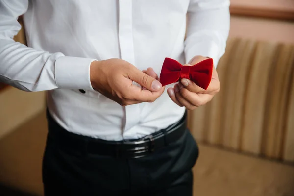 Close-up zakenman bruidegom bedrijf ' bow-tie in zijn handen. Concept van mannen stijlvolle elegantie kleding — Stockfoto