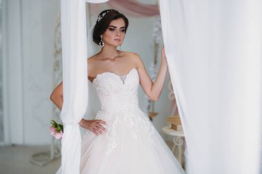 Beyaz gelinlikle çok güzel rbide iç portresi. Gelin Makyajı ve saç modeli ile güzel bir kadın. Şaşırtıcı güzellik kadın portre Işık Studio. Evlilik kavramı.