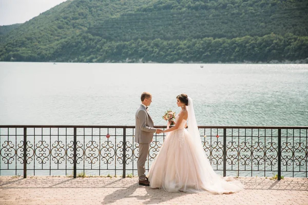 Vackra bröllopsparet, bruden och brudgummen håller händerna på sjön bakgrund. Söt flicka i lång vit klänning, män i grå kostym. landskap i bakgrunden. Begreppet familj. — Stockfoto
