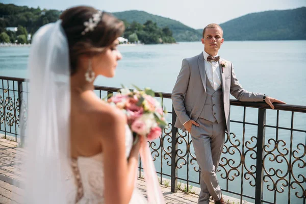 Vackra bröllopsparet, bruden och brudgummen. Söt flicka i lång vit klänning, män i grå kostym. landskap i bakgrunden. Begreppet familj. — Stockfoto